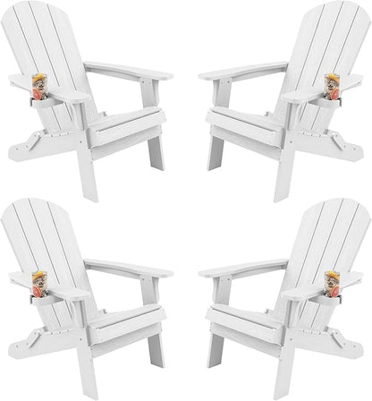 YEFU Adirondack Chair, Foldable Oversized Plastic Adirondack Chair Set of 4 with Cup Holder, Patio Chair with Weather Resistant for Outside Deck Lawn, Weight Capacity Up to 400 Lbs –White