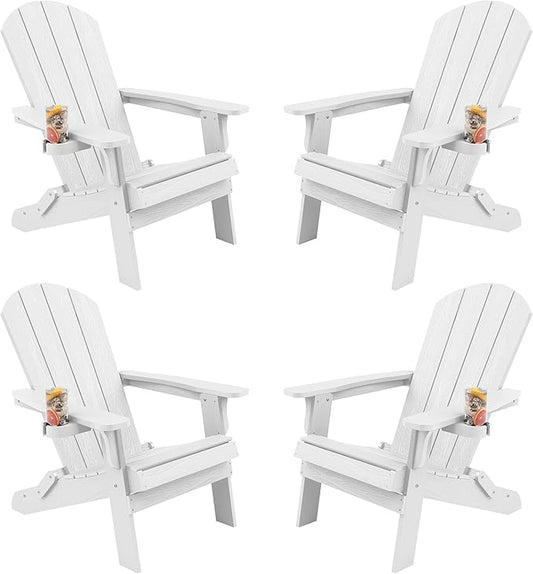 YEFU Adirondack Chair, Foldable Oversized Plastic Adirondack Chair Set of 4 with Cup Holder, Patio Chair with Weather Resistant for Outside Deck Lawn, Weight Capacity Up to 400 Lbs –White