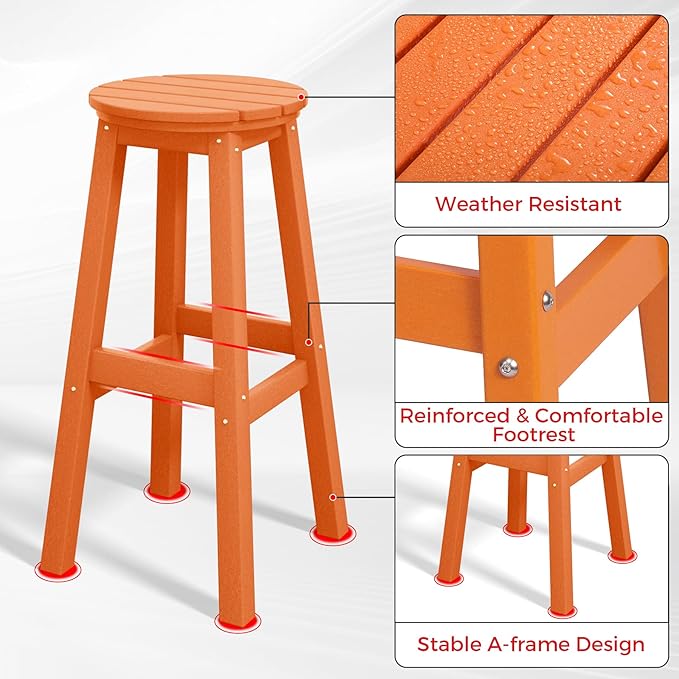 Costaelm 29" Height Outdoor Bar Stools, All-Weather Bar Stools, Adirondack Poly Patio Round Bar Stool for Patio, Deck, Kitchen Counter and Garden, Orange