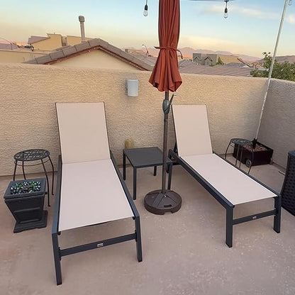 PURPLE LEAF Outdoor Chaise Lounge with Wheels for Outside 2 Pieces Aluminum Patio Lounge Chair with 5 Adjustable Position Recliner for Patio, Beach, Yard, Pool, Side Table Included, Beige