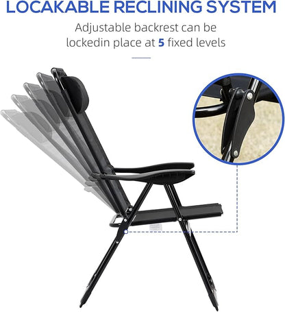 Outsunny Folding Patio Dining Chairs Set of 2, Outdoor Deck Chair with Adjustable Sling Back, Camping Chair with Removable Headrest for Garden, Backyard, Lawn, Black
