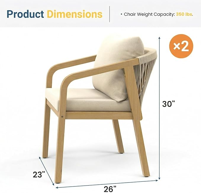 Wisteria Lane Acacia Patio Dining Chairs Set of 2, Outdoor Wood Chairs with Thick Cushions - Photo 2