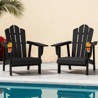 PROHIKER Adirondack Chair Set of 2, HDPE Outdoor Patio Chair with Cup Holder All Weather Outdoor Chairs for Lawn Garden Porch Backyard, Plastic, Black