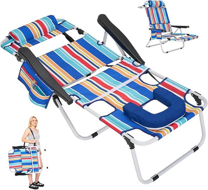 DoCred Heavy Duty Tanning Chair with Face Hole, Adjustable 5-Position Folding Chaise Lounge Chairs for Outside, Portable Lay Flat Beach Lounge Chair for Outdoor Sunbathing Beach Pool Lawn Camping