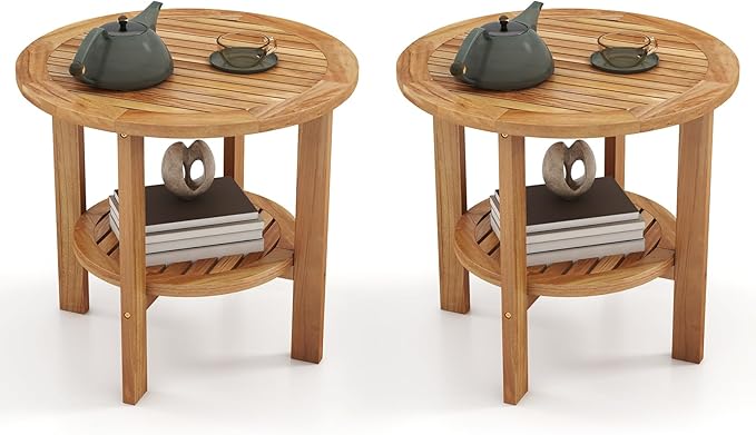 Giantex 19.5" Outdoor Round Side Table Set of 2, 2-Tier Patio Table with Slatted Tabletop & Open Storage Shelf, Easy Assembly, Teak Wood Small End Table for Porch, Backyard, Garden, Pool, Natural
