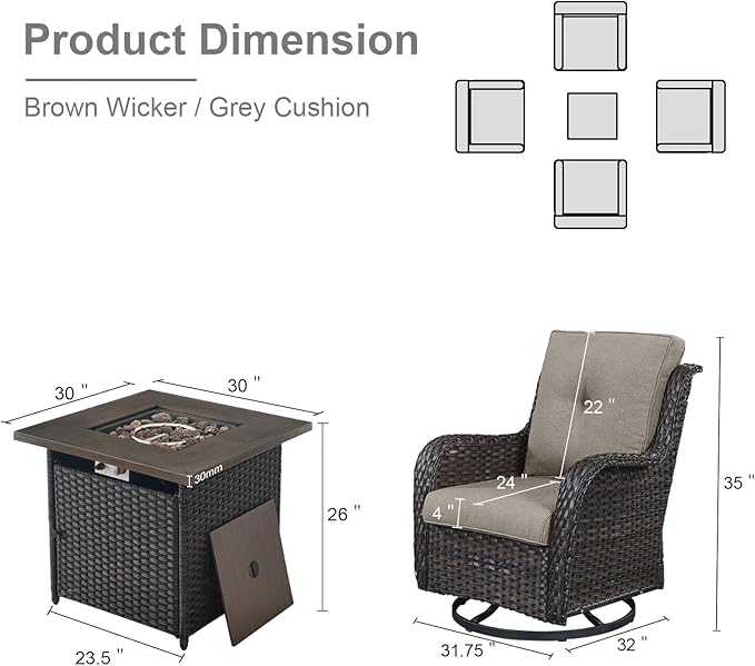 Belord Patio Furniture Set with Fire Pit Table, Outdoor Swivel Rocker Patio Chairs, Wicker Furniture Set Ideal for Porch, Deck, Pool, Yard, SunroomBrown Wicker/Gray