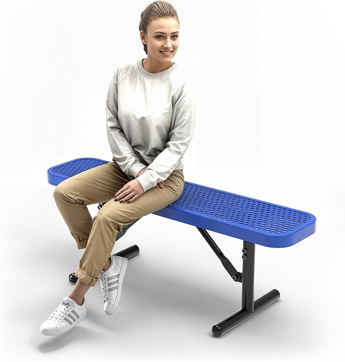 Heavy-Duty Outdoor Metal Bench, Thermoplastic-Coated, Portable, Weatherproof, Commercial-Grade for Parks, Gardens, Patios, Stores & More (4 Ft - Portable, Blue)