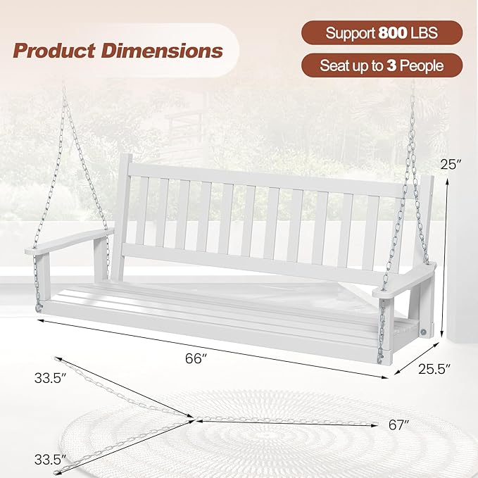 Tangkula 3 Person Wooden Porch Swing, Hanging Patio Swing with 2 Adjustable Galvanized Metal Chains, Slatted Back & Seat - Photo 7