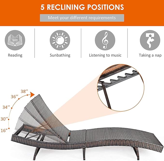 BETTARY Outdoor Folding Chaise Lounge, Rattan Patio Lounge Chair w/Removable Soft Cushion, 5 Adjustable Levels, Reclining Wicker Sunbed for Garden/Poolside/Balcony (1, White)