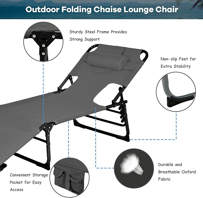 GYMAX Tanning Chair, Folding Beach Lounger with Face Arm Hole, Adjustable Backrest, Side Pocket, Pillow & Carry Handle, Outside Sunbathing Lounge Chair for Patio, Poolside, Lawn (2, Gray)
