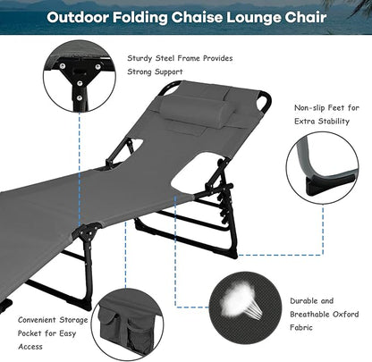 GYMAX Tanning Chair, Folding Beach Lounger with Face Arm Hole, Adjustable Backrest, Side Pocket, Pillow & Carry Handle, Outside Sunbathing Lounge Chair for Patio, Poolside, Lawn (1, Gray)
