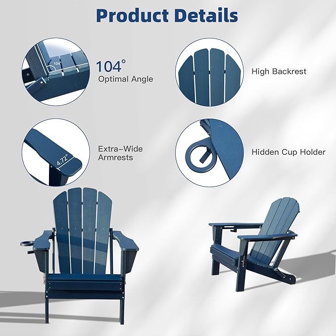 Domi Folding Adirondack Chairs Set of 2, HDPE All-Weather Outdoor Chairs with Cup Holder, Wooden Textured Fire Pit Chairs for Backyard, Patio, Poolside & Deck, Navy Blue