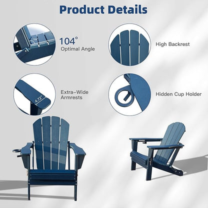 Domi Folding Adirondack Chair, HDPE All-Weather Outdoor Chair with Cup Holder, Wooden Textured Fire Pit Chair for Backyard, Patio, Poolside & Deck, Navy Blue