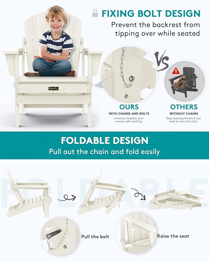 SERWALL Folding Adirondack Chair for Outdoor, All-Weather Patio Chairs with Wood Texture, Fire Pit Chairs for Deck Porch Garden - White