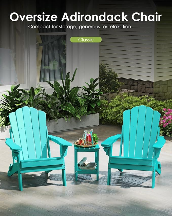 GREENVINES Oversized-Folding-Adirondack-Chairs-Set-of-6 | HDPE Plastic | Cup Holder | Fire Pit Chair | All Weather | for Outdoor Deck Backyard | Aqua