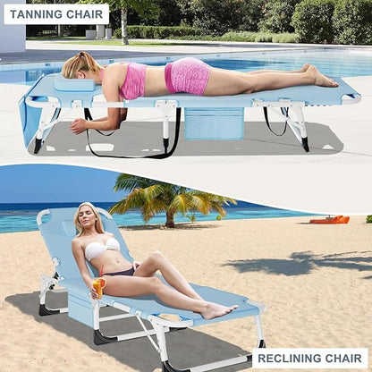 Slsy Folding Lounge Chairs Outdoor, Adjustable Sleeping Cot Chair, Portable Folding Bed Cot Chaise Lounge Chairs for Outside Beach Lawn Camping Pool Sun Tanning