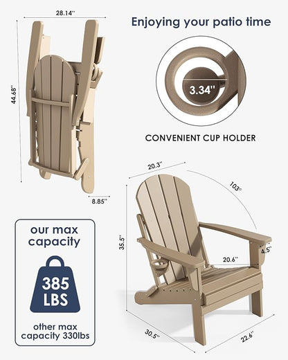 Folding Adirondack Chairs, All-Weather Resistant HDPE Patio Firepit Chairs, Sturdy Outside Chairs with Cup Holder, Lawn Chairs, 80% Pre-Installed Load Capacity 385lb, Weathered Wood