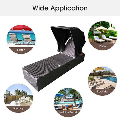 Tangkula 2PCS Outdoor Chaise Lounge Chair with Folding Canopy, Adjustable Cushioned Reclining Chair with Flip-up Tea Table, Rattan Sun Lounger for Beach Poolside Backyard Balcony Porch (2, Black)