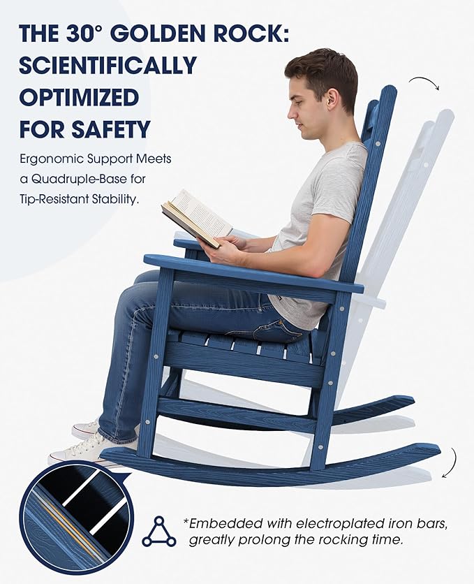 KINGYES Outdoor Rocking Chair, All-Weather Oversized Patio Rocking Chairs for Porch, Navy