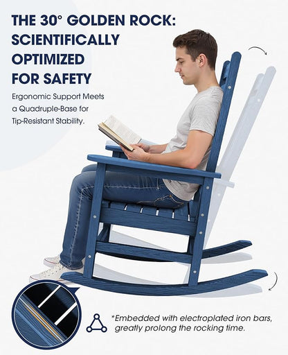KINGYES Outdoor Rocking Chair, All-Weather Oversized Patio Rocking Chairs for Porch, Navy