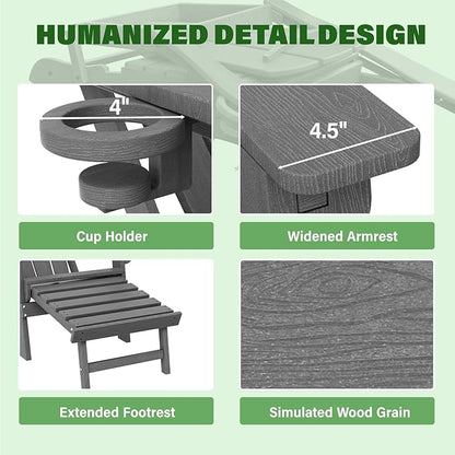 LOUNZY Folding Adjustable Adirondack Chair with Retractable Ottoman, HDPE Recliner Adirondack Chair with Cup Holder for Deck Lawn Fire Pit,Grey