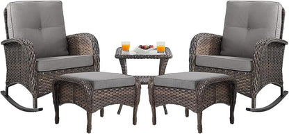Belord Patio Rocking Chairs Furniture Set - 5 Piece Outdoor Wicker Furniture Sets with Ottomans, Small Patio Conversation Sets with Wicker Rocking Chairs Brown/Grey