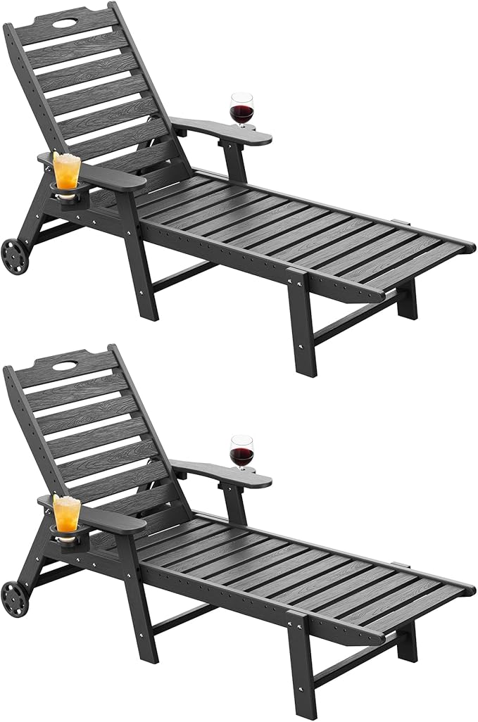 Carauci Lounge Chair Outdoor Set of 2, HDPE Chaise Lounge with Wheels - Photo 1