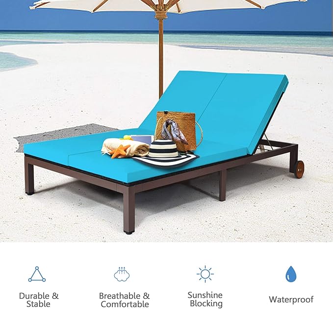 DORTALA 2-Person Patio Rattan Recliner Chair W/Wheels, Double Wicker Daybed Chaise Lounge Chair with Adjustable Backrest, Outdoor Furniture Conversation Set for Garden Lawn, Turquoise