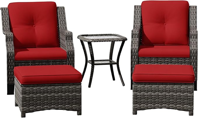 Wicker Patio Furniture Set - 5 Piece Rattan Outdoor Conversation Sets with 2 Wicker Patio Chairs,2 Ottomans, 1 Side Table for Garden, Backyard, Balcony and Deck