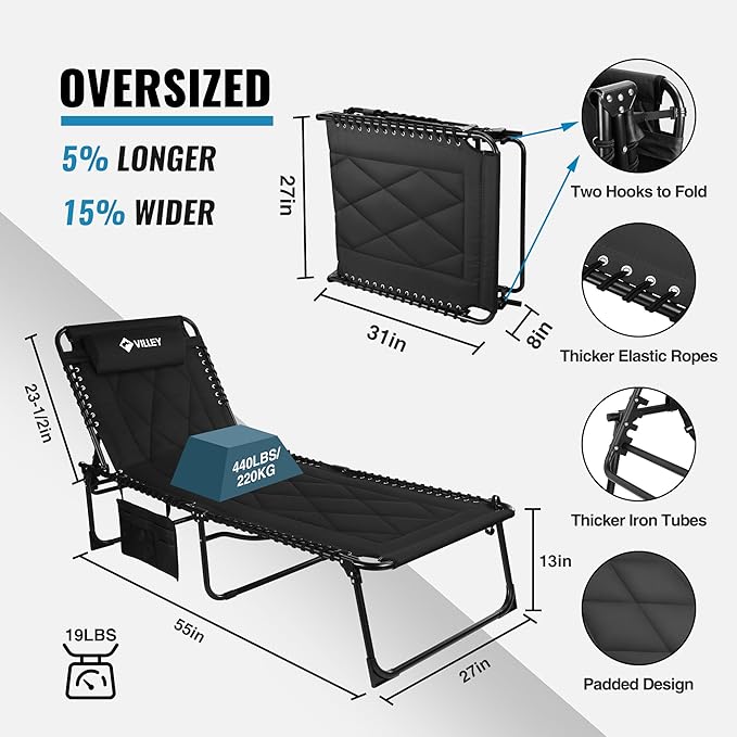 VILLEY Oversized Padded Chaise Lounge with Cushion, Foldable Camping Cot, Patio Reclining Lounge Chairs - Photo 4