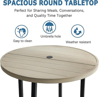 42" Round Patio Dining Table for 4, All-Weather Metal Patio Table with Umbrella Hole, Outdoor Round Dining Table for Lawn Garden Porch, Honey Oak