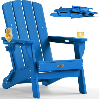 Folding Adirondack Chair, HDPE All-Weather Fire Pit Chairs, Plastic Adirondack Chairs with 2 Cup Holder, Outdoor Lawn Chair for Patio Garden (Royal Blue)
