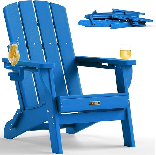 Folding Adirondack Chair, HDPE All-Weather Fire Pit Chairs, Plastic Adirondack Chairs with 2 Cup Holder, Outdoor Lawn Chair for Patio Garden (Royal Blue)