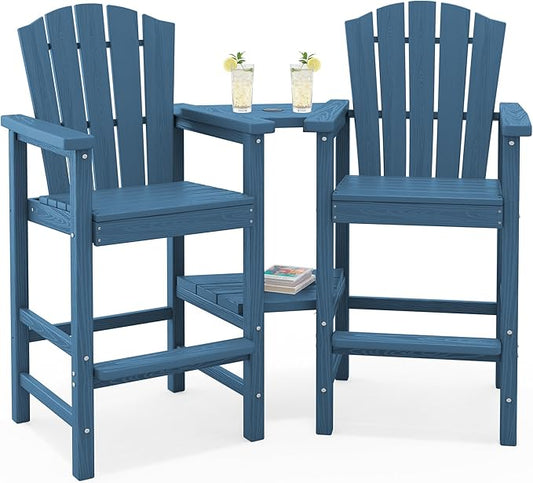KINGYES Tall Adirondack Chair Set of 2, All-Weather HDPE Outdoor Adirondack Barstools with Double Connecting Trays, Bar High Airondack Chair with Wood Grain, Embossed Balcony Chair for Backyard, Blue