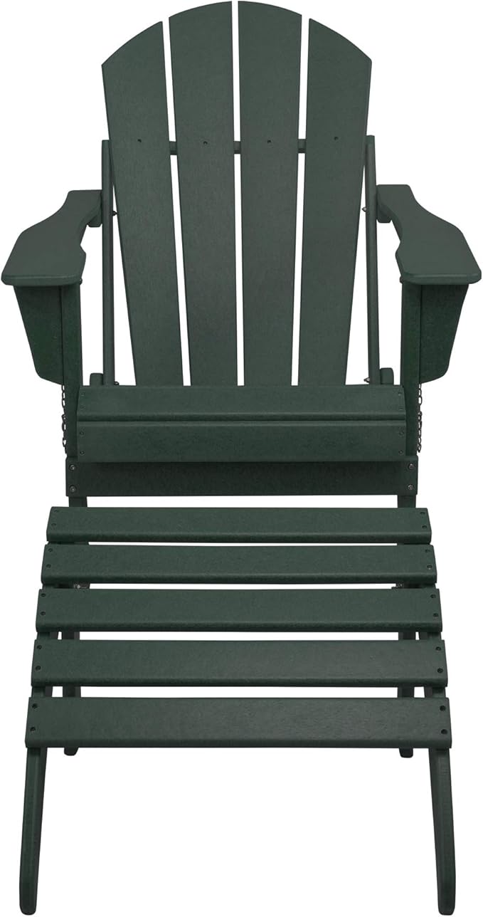 WestinTrends Malibu Outdoor Lounge Chair, 2-Pieces Adirondack Chair Set with Ottoman, All Weather Poly Lumber Patio Lawn Folding Chairs for Outside Pool Garden Backyard Beach, Dark Green