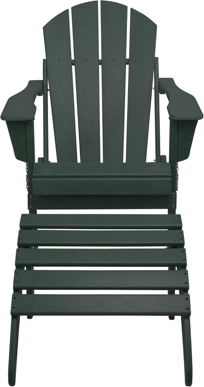 WestinTrends Malibu Outdoor Lounge Chair, 2-Pieces Adirondack Chair Set with Ottoman, All Weather Poly Lumber Patio Lawn Folding Chairs for Outside Pool Garden Backyard Beach, Dark Green