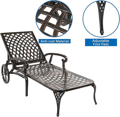Outvita Lounge Chairs for Outside, Patio Cast Aluminum Recliner with Adjustable Back and Rolling Wheels for Backyard Porch Pool Balcony Deck (Bronze)