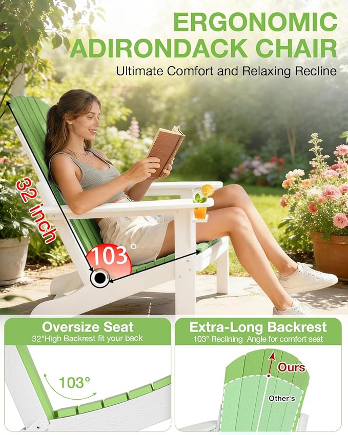 Folding Adirondack Chair –Recyclable HDPE Outdoor Adirondack Patio Chair with Cup Holder, Wood Texture & Umbrella Hole - Photo 5