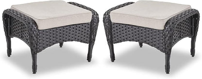 Belord Outdoor Ottomans for Patio Foot Rest - 25 Inch PE Wicker Foot Stool Set of 2 with Removable Cushions for Patio Furniture Sets,All Weather Rattan Ottoman for Balcony Backyard Black/Beige