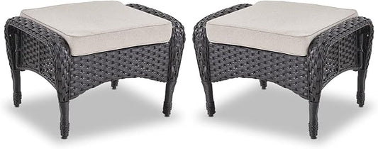 Belord Outdoor Ottomans for Patio Foot Rest - 25 Inch PE Wicker Foot Stool Set of 2 with Removable Cushions for Patio Furniture Sets,All Weather Rattan Ottoman for Balcony Backyard Black/Beige