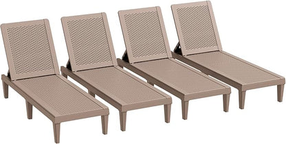 Greesum Outdoor Chaise Lounge Chairs Set of 4 with 5-Position Adjustable Backrest, Waterproof PP Sun Chaise Loungers for Garden Pool Beach Patio Deck Sunbathing, Light Coffee