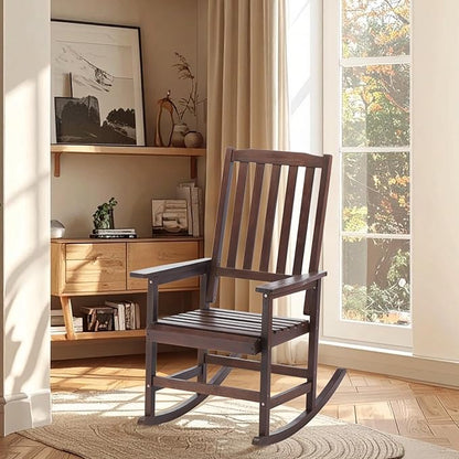 Wooden Outdoor Rocking Chairs, Porch Rocker for Patio,Deck,Garden, Indoor Outdoor Use, Suitable for Kids, Acacia Wood, Dark Brown