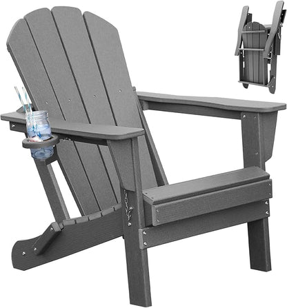 Adirondack Chair, Plastic Adirondack Chairs, HDPE Adirondack Chair, Folding Adirondack Chairs,Outdoor Chairs with Cup Holder for Lawn Patio Deck Fire Pit -Grey