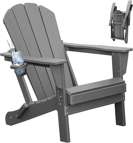 Adirondack Chair, Plastic Adirondack Chairs, HDPE Adirondack Chair, Folding Adirondack Chairs,Outdoor Chairs with Cup Holder for Lawn Patio Deck Fire Pit -Grey