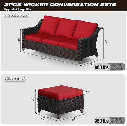 Joyside Patio Furniture Set, 3 Pieces Outdoor Wicker High Back Sofa with Ottoman and Comfy Cushions, Upgraded Large Size, All Weather High Back Conversation Set, (Brown/Red)
