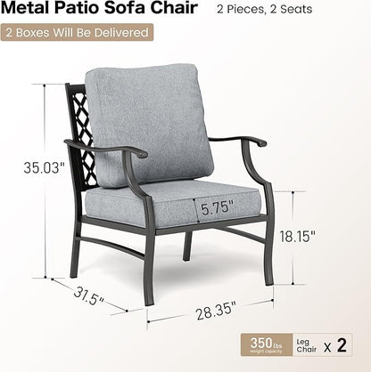 Metal Patio Chairs Set of 2 with 5.75" Extra Thick Cushion, 2 Pieces High Back Outdoor Patio Chairs All Weather Outdoor Furniture Seating for Deck Backyard Balcony Front Porch, Gray