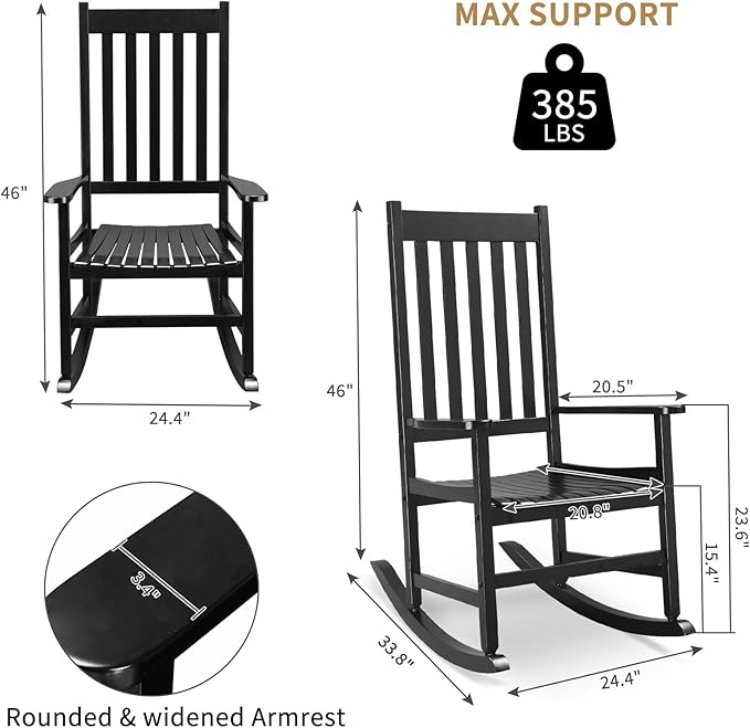Outvita Outdoor Rocking Chair Set of 2, Solid Wood High Back Rocker, All Weather Lounge Chair for Porch Patio Fire Pit Garden Backyard Deck Indoor, Black