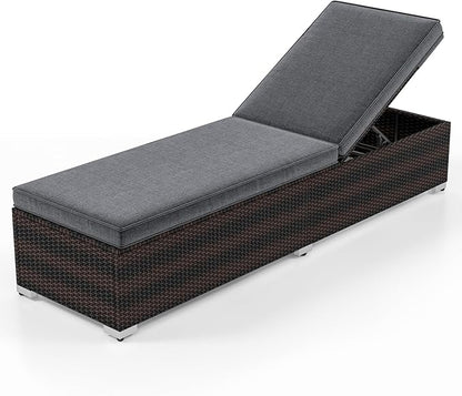 Tangkula Outdoor Chaise Lounge, Patio Wicker Lounge Chair w/ 4-Level Backrest, Heavy-Duty Metal Frame, Outside Rattan Reclining Chair w/Long Seat Cushion for Backyard, Poolside