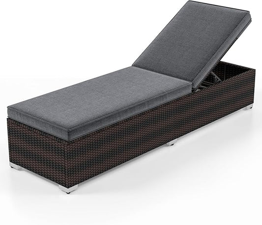 Tangkula Outdoor Chaise Lounge, Patio Wicker Lounge Chair w/ 4-Level Backrest, Heavy-Duty Metal Frame, Outside Rattan Reclining Chair w/Long Seat Cushion for Backyard, Poolside