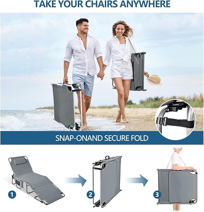 Tanning Chair with Face Hole, Adjustable Folding Chaise Lounge Chairs for Outside with Detachable Pillow & - Photo 5